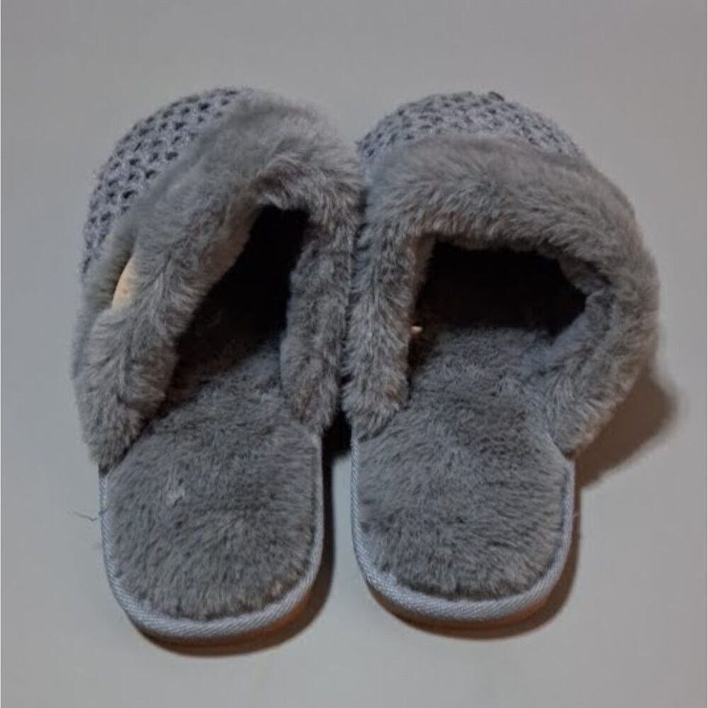 Cable Knit Faux Fur Slippers Grey House Shoes Women's Medium 7-8 Clog Mules